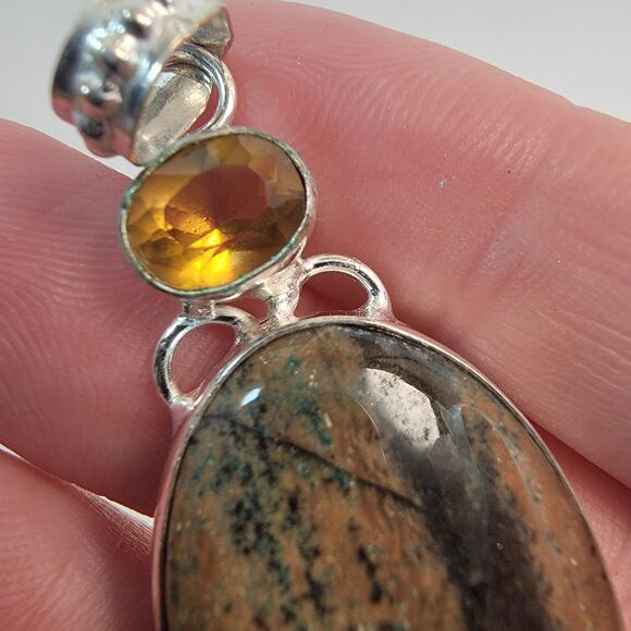 Handmade Sterling Silver Pendant Necklace Featuring Kambaba Jasper and Citrine - Picture 9 of 10